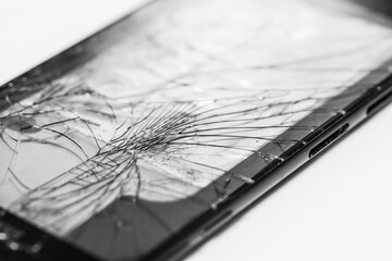 Detalle del cristal roto de la pantalla de un teléfono móvil en blanco y negro