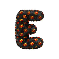 3D inflated balloon letter E with red & yellow power lightning comic hero pattern black surface