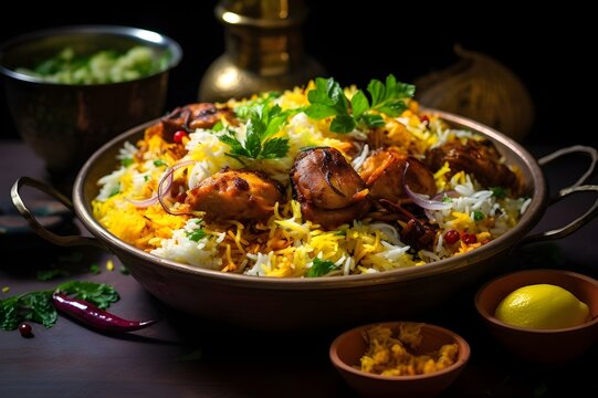  Biryani Biryani is a popular Maharashtrian dish made of basmati rice, chicken and spices, Indian chicken biryani with rice and vegetables on a Black background, AI Generated Free Photo
