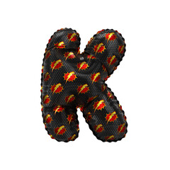 3D inflated balloon letter K with red & yellow power lightning comic hero pattern black surface