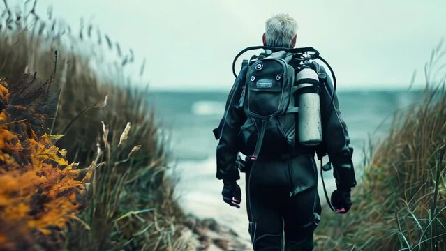 Back view of a senior man with a scuba diving equipment standing on the beach.