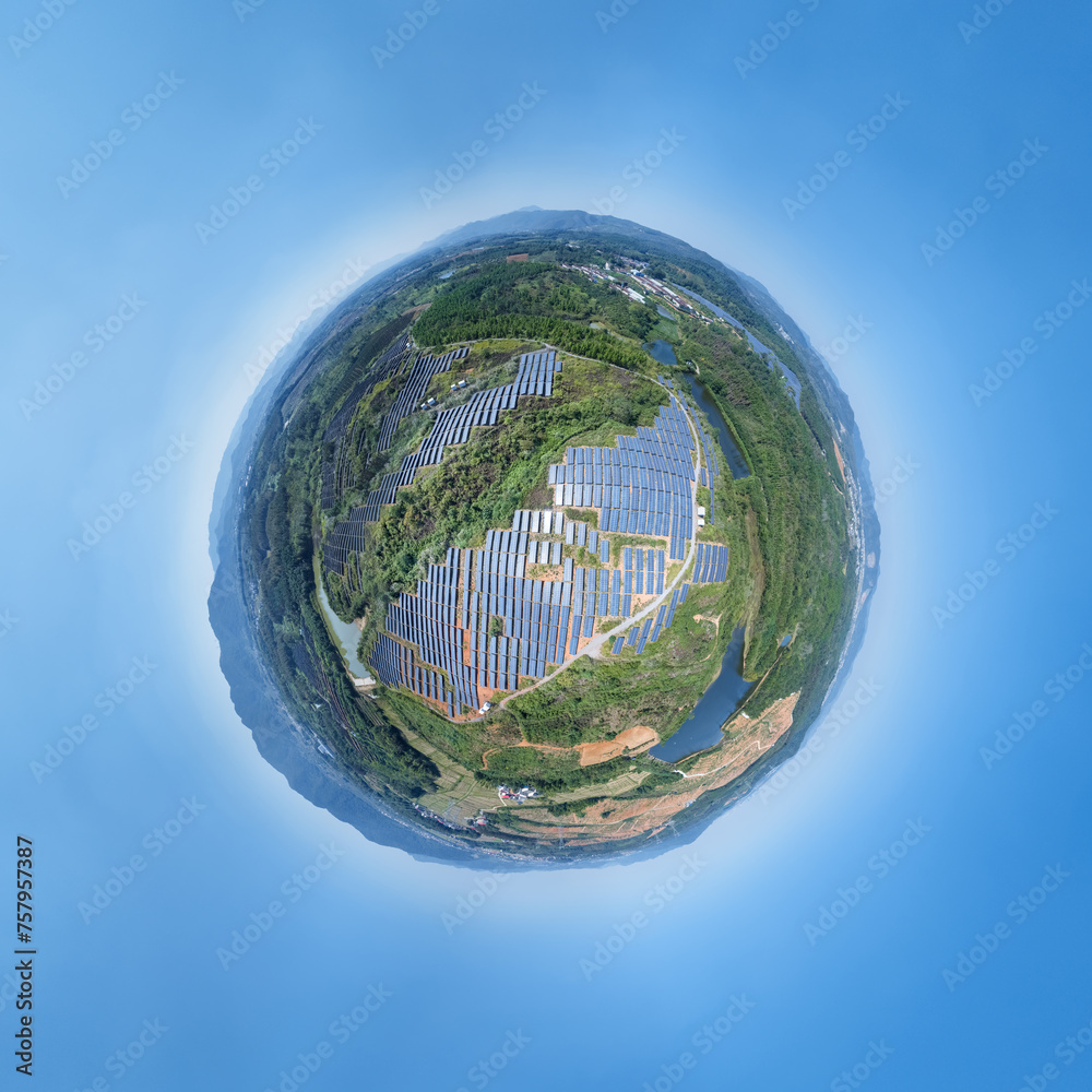 Sticker lspherical panorama of solar power station on the hillside