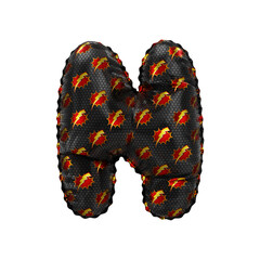 3D inflated balloon letter N with red & yellow power lightning comic hero pattern black surface