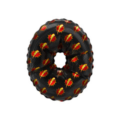 3D inflated balloon letter O with red & yellow power lightning comic hero pattern black surface