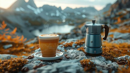 An adventurous outdoor setting with a portable espresso maker and a cup of freshly brewed coffee on a rock, with a majestic mountain range in the background. Generative AI. - obrazy, fototapety, plakaty