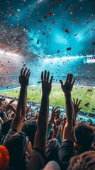 A crowd of people are celebrating in a soccer or football stadium