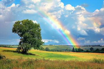 landscape with rainbow over the meadow