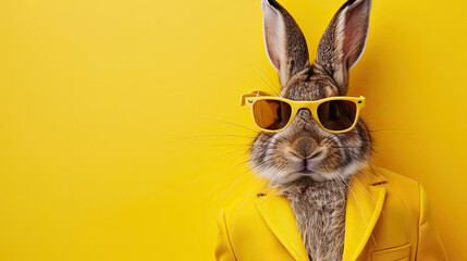 rabbit wearing yellow suit and sunglasses on yellow background 