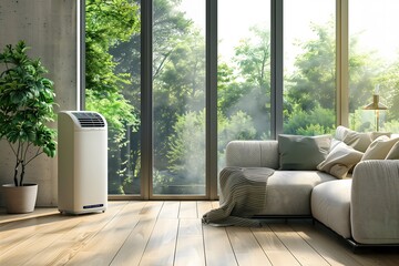 portable air conditioner in a room with a large window and a sofa