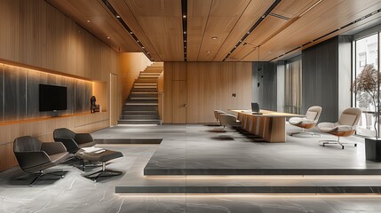 Modern minimalist office space design filled with high-end grey furniture, wood wall, open office area, meeting area. Generative AI.