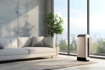 mobile air conditioner in the room next to the sofa against the background of a large window
