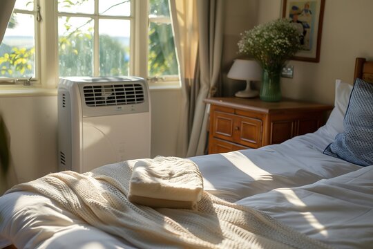 mobile air conditioner in the bedroom near the background of the window next to the bed
