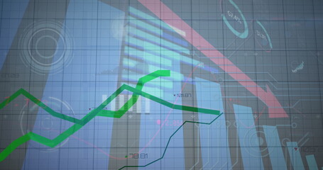 Image of red arrow, graphs and charts processing data on grey background