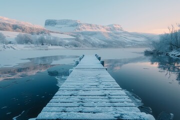 A wooden pier is in front of a mountain range - obrazy, fototapety, plakaty