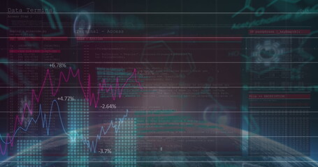 Image of rotating white girl over financial data processing on black interface