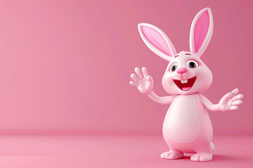 Naklejka premium cute pink cartoon character rabbit smiling and holding out his hand on a pink background 