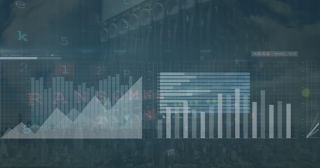 Image of graphs and charts processing data over computer server