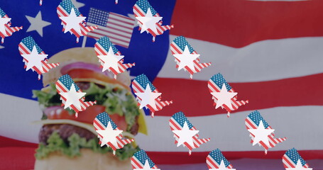 Image of usa flags wtih stars over hamburger on usa flag in background