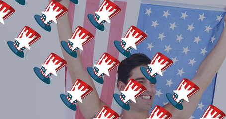 Multiple american flag design hat icons against caucasian man with usa flag wrapped around him