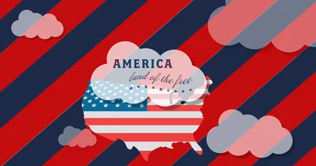 Deurstickers Image of rocket over white and red stripes, usa map and america land of the free text © vectorfusionart