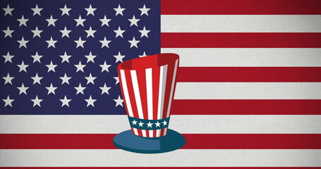Image of hat in usa flag colours over usa flag in background