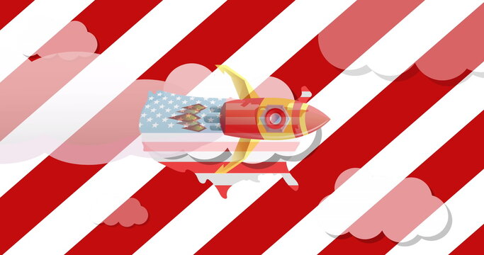 Image of rocket over white and red stripes, usa map and america land of the free text