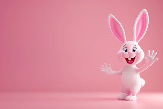 cute pink cartoon character rabbit smiling and holding out his hand on a pink background 