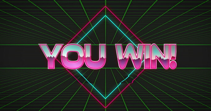 Image of you win text over shapes