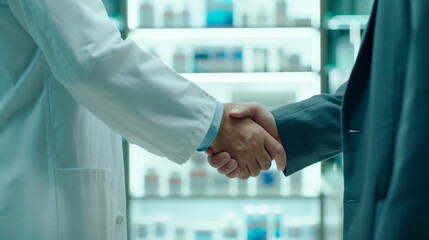 ales Representative Presenting New Medication to Doctor in Medical Building, close up of a Shaking Hands - obrazy, fototapety, plakaty