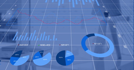 Image of statistics and financial data processing over desk in office