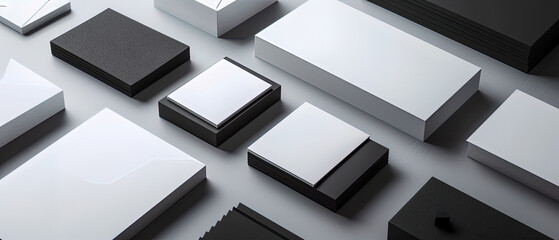 A collection of white and black business cards and envelopes