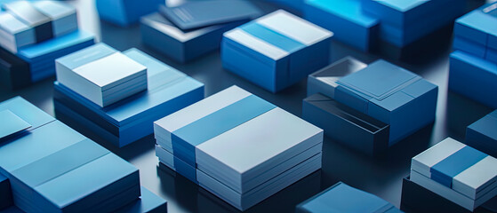 A stack of blue and white business cards and envelopes