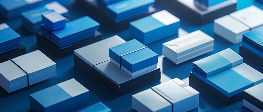 A blue and white image of many business cards stacked on top of each other