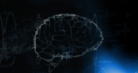 Image of digital brain with mathematical equations on black background