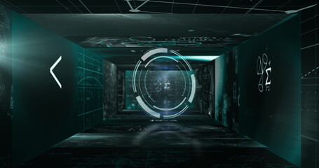 Image of data processing and scope scanning with mathematical equations on black background