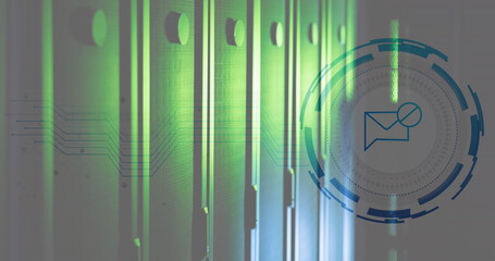 Image of message block icon over round scanner against computer server room