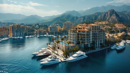 High end luxury hotel with marina overlooking the sea and mountains, aerial view of the building and port with yachts moored outside. Generative AI.