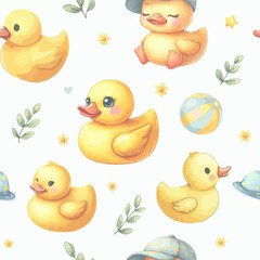 Seamless pattern of watercolor rubber ducks.