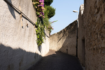 ancient alley with brick walls with hanging plants on a summer day in Limone Sul Garda 