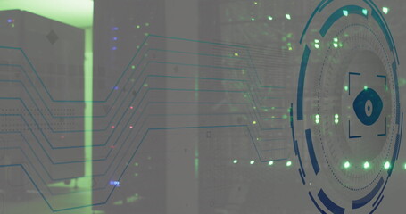 Image of eye retina round scanner and microprocessor connections against computer server room