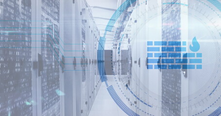 Image of firewall icon over round scanner against computer server room