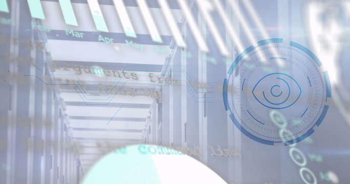 Image of eye retina round scanner and statistical data processing against computer server room