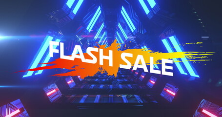 Image of flash sale text on color splash with geometric shapes over triangular tunnel