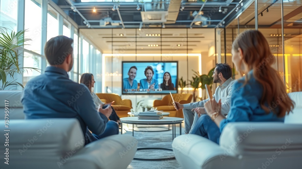Poster Tech startup team video conferencing with clients, modern and connected. Generative AI.