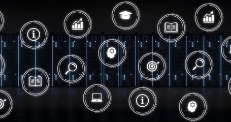 Image of network of digital icons over computer servers