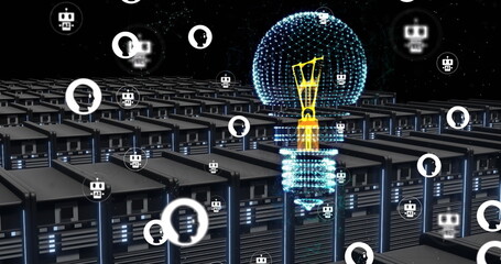 Image of ai chatbot icons, lightbulb over computer servers