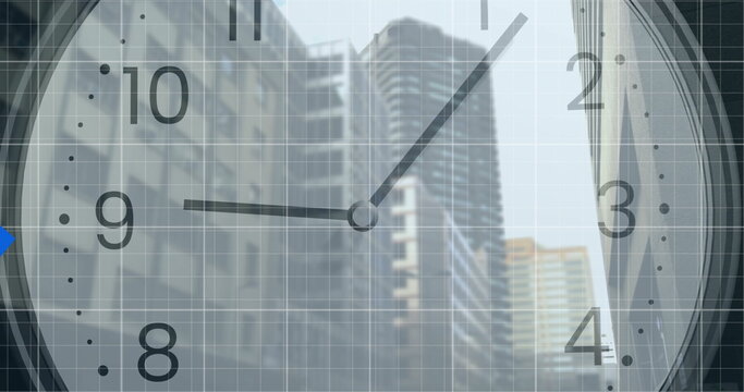 Image of diagrams and squares with clock over cityscape - Powered by Adobe