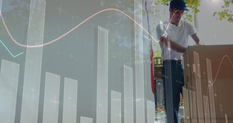 Image of financial data over caucasian male courier unpacking car