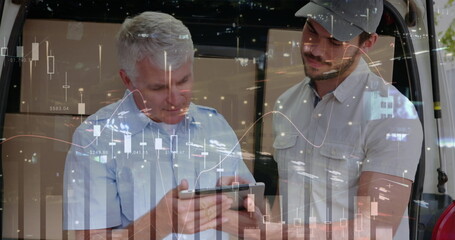 Image of financial data over caucasian male courier and warehouse worker