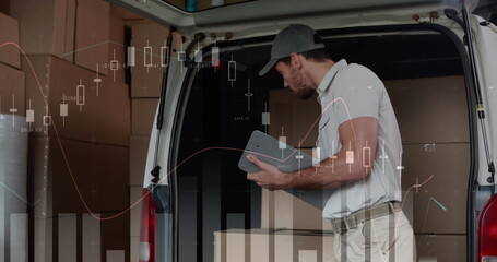 Image of financial data over happy caucasian male courier counting packages